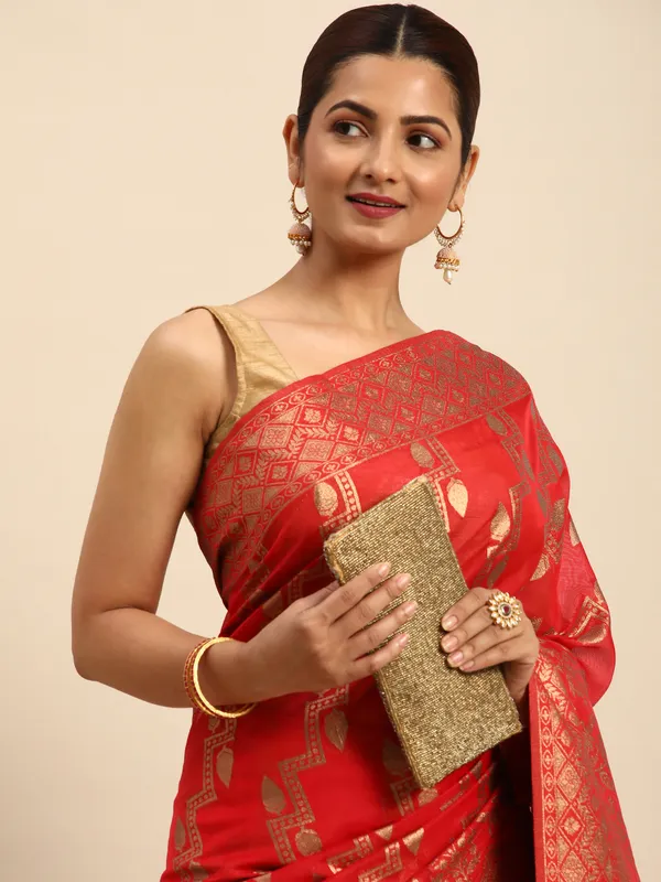Indian_Women_Red_Organza_Silk_Land_Woven_Design_Zari_Pure_Cotton_Fusion_Saree