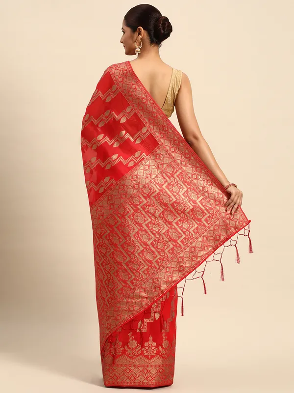 Indian_Women_Red_Organza_Silk_Land_Woven_Design_Zari_Pure_Cotton_Fusion_Saree