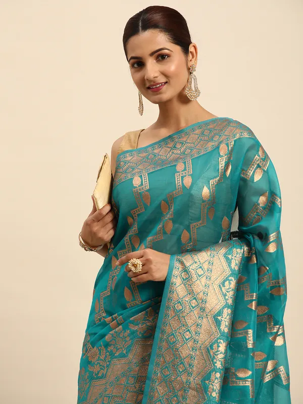 Indian_Women_Turquoise_Blue_Organza_Silk_Land_Woven_Design_Zari_Pure_Cotton_Fusion_Saree