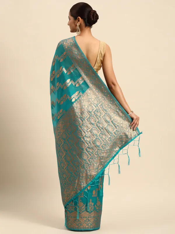 Indian_Women_Turquoise_Blue_Organza_Silk_Land_Woven_Design_Zari_Pure_Cotton_Fusion_Saree