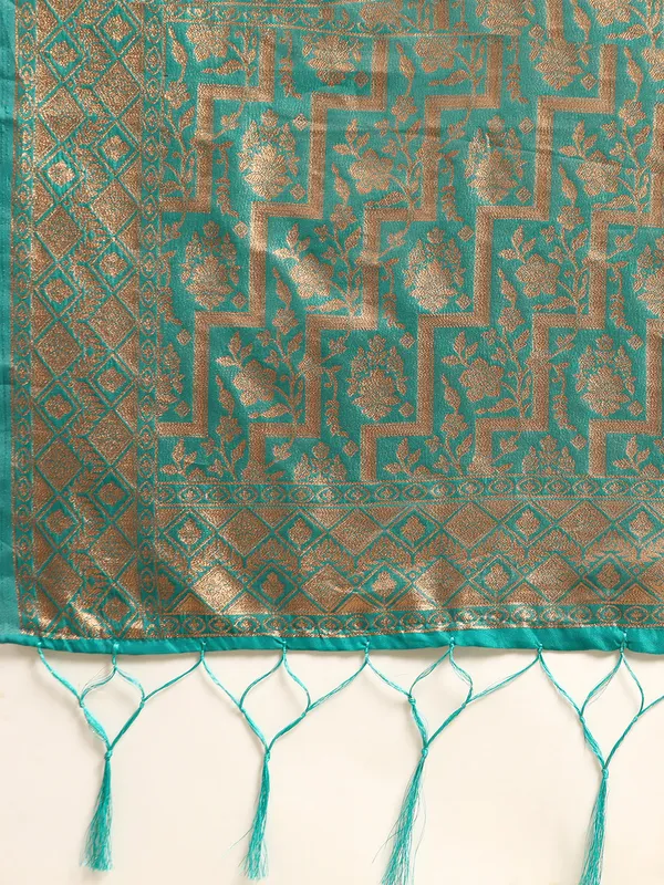 Indian_Women_Turquoise_Blue_Organza_Silk_Land_Woven_Design_Zari_Pure_Cotton_Fusion_Saree