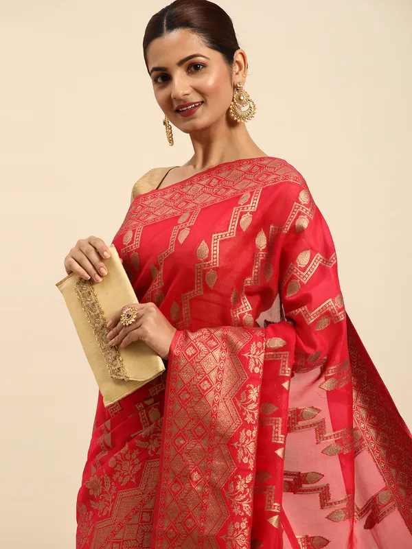 Indian_Women_Rani_Organza_Silk_Land_Woven_Design_Zari_Pure_Cotton_Fusion_Saree