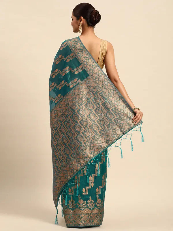 Indian_Women_Morpeach_Organza_Silk_Land_Woven_Design_Zari_Pure_Cotton_Fusion_Saree