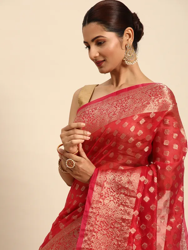 Indian_Women_Red_Organza_Silk_Land_Woven_Design_Zari_Pure_Cotton_Fusion_Saree