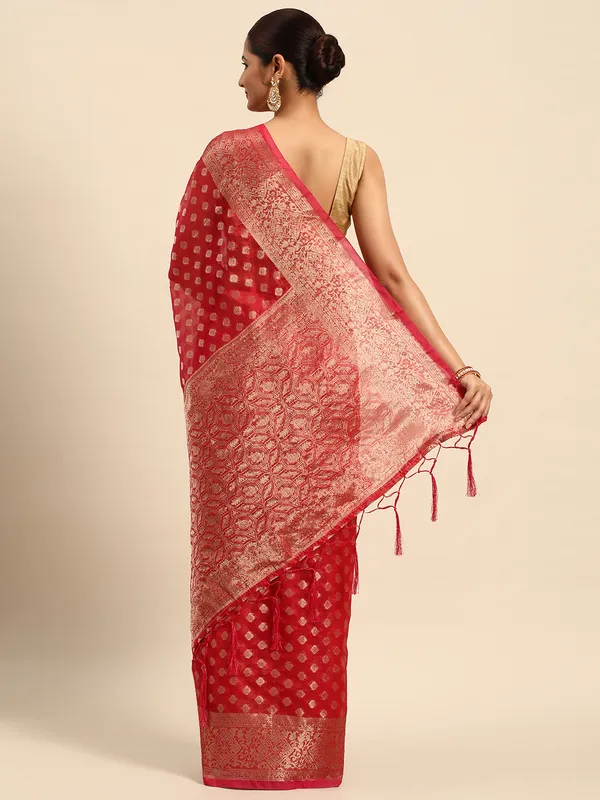 Indian_Women_Red_Organza_Silk_Land_Woven_Design_Zari_Pure_Cotton_Fusion_Saree