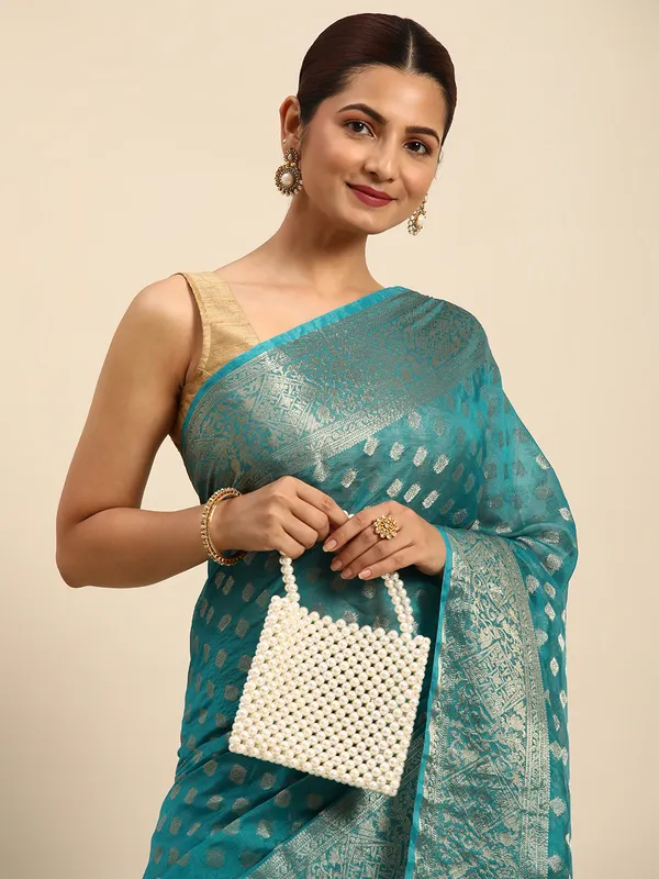 Indian_Women_Turquoise_Blue_Organza_Silk_Land_Woven_Design_Zari_Pure_Cotton_Fusion_Saree