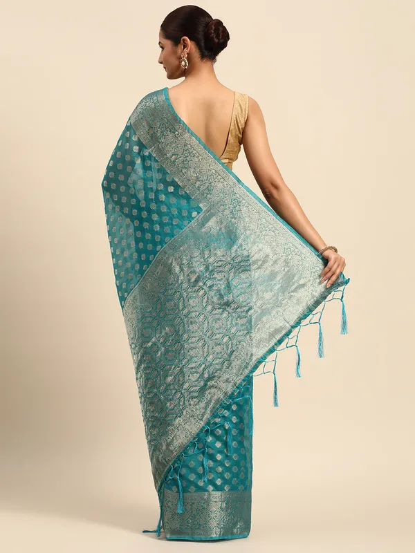Indian_Women_Turquoise_Blue_Organza_Silk_Land_Woven_Design_Zari_Pure_Cotton_Fusion_Saree