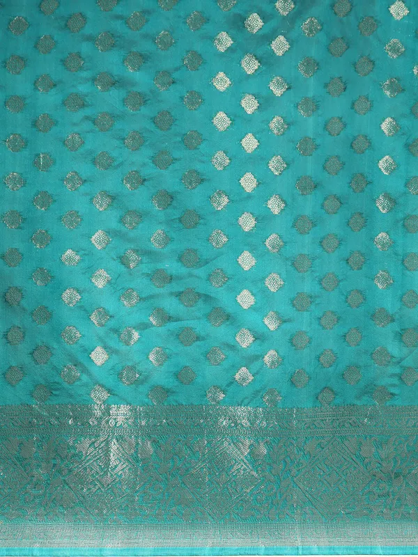 Indian_Women_Turquoise_Blue_Organza_Silk_Land_Woven_Design_Zari_Pure_Cotton_Fusion_Saree