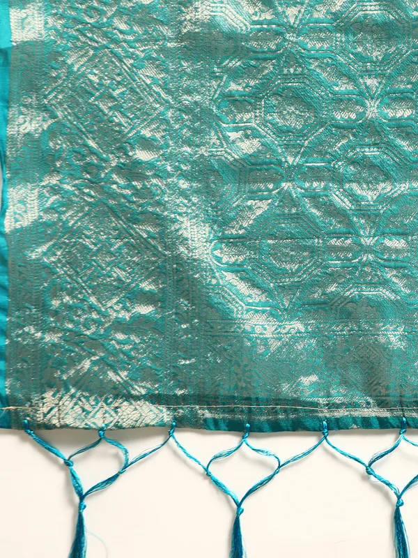 Indian_Women_Turquoise_Blue_Organza_Silk_Land_Woven_Design_Zari_Pure_Cotton_Fusion_Saree