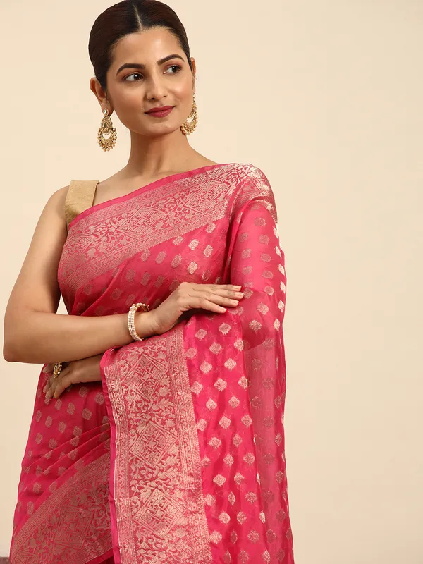 Indian_Women_Rani_Organza_Silk_Land_Woven_Design_Zari_Pure_Cotton_Fusion_Saree