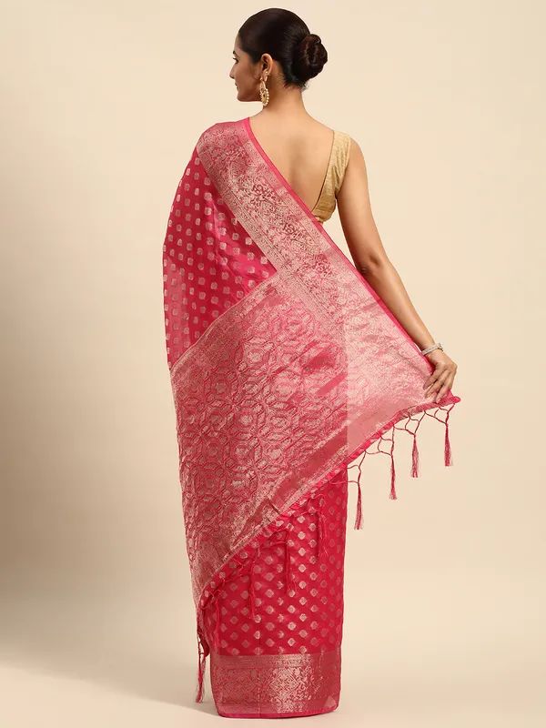 Indian_Women_Rani_Organza_Silk_Land_Woven_Design_Zari_Pure_Cotton_Fusion_Saree