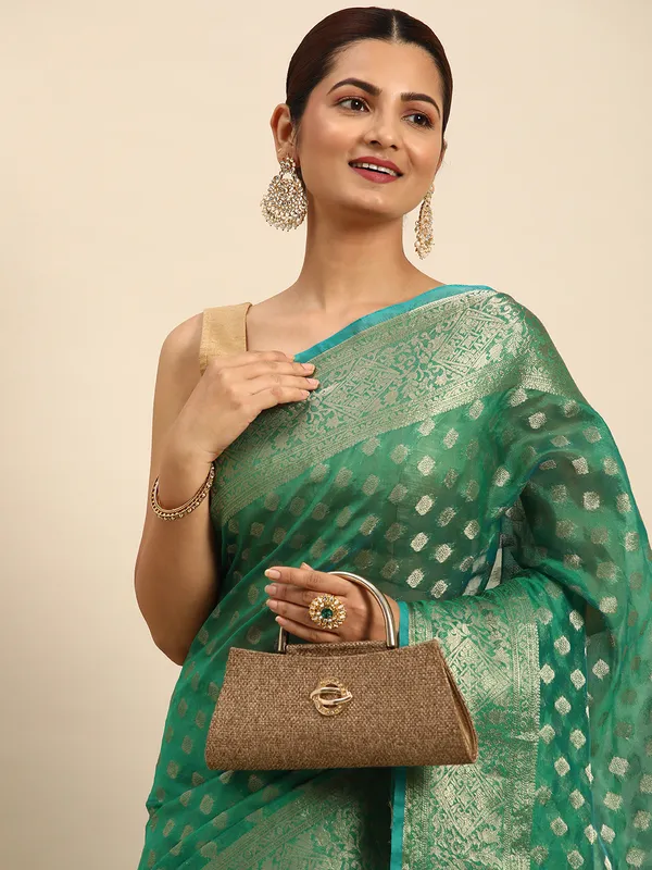 Indian_Women_Green_Organza_Silk_Land_Woven_Design_Zari_Pure_Cotton_Fusion_Saree