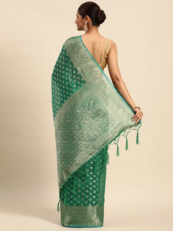 Indian_Women_Green_Organza_Silk_Land_Woven_Design_Zari_Pure_Cotton_Fusion_Saree