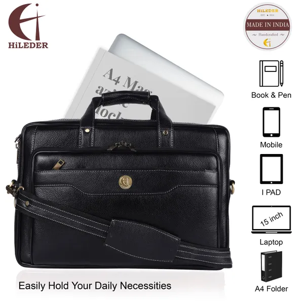 100%_pure_genuine_premium_ndm_leather_15_inch_stylish_briefcase_laptop_messenger_satchel_bag_for_men_women,_black