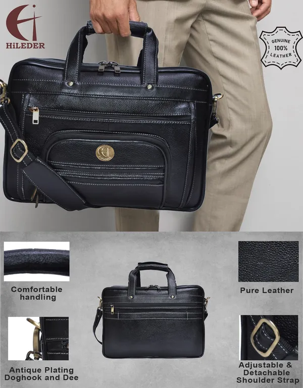 100%_pure_genuine_leather_15_inch_office_bag_briefcase_laptop_messenger_shoulder_bag,_black