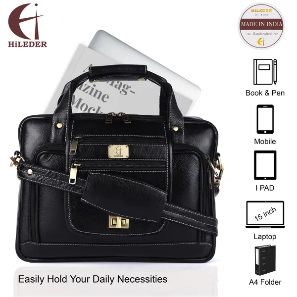 pure_genuine_leather_stylish_14_inches_designer_padded_laptop_compartment_briefcase_laptop_messenger_office_bag_for_gents_ladies,_black