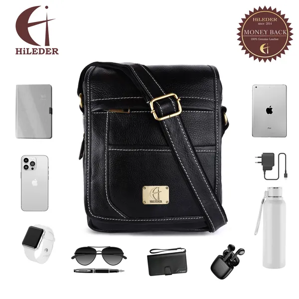 pure_genuine_leather_9_inches_sling_cross_body_travel_office_tablet_bag_with_flap_for_men_and_women,_black