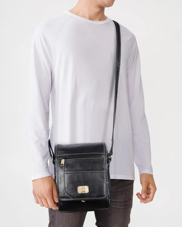 pure_genuine_leather_9_inches_sling_cross_body_travel_office_tablet_bag_with_flap_for_men_and_women,_black