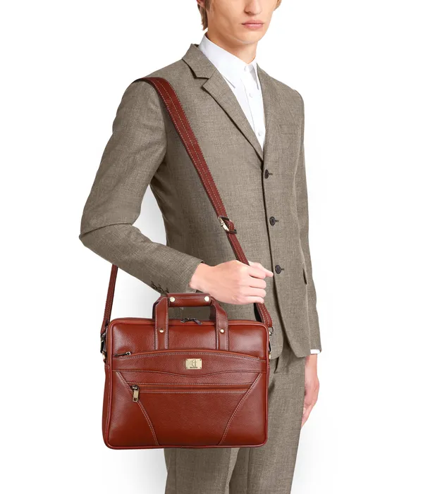 pure_genuine_premium_ndm_leather_15_inch_briefcase_laptop_messenger_satchel_office_bag,_tan