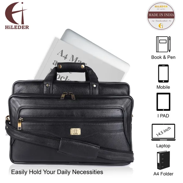 pure_genuine_leather_16_inch_stylish_padded_compartment_briefcase_satchel_laptop_messenger_travelling_office_bag,_black