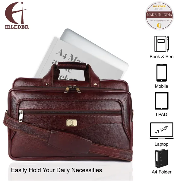 pure_genuine_leather_16_inch_stylish_padded_compartment_briefcase_satchel_laptop_messenger_travelling_office_bag,_brown