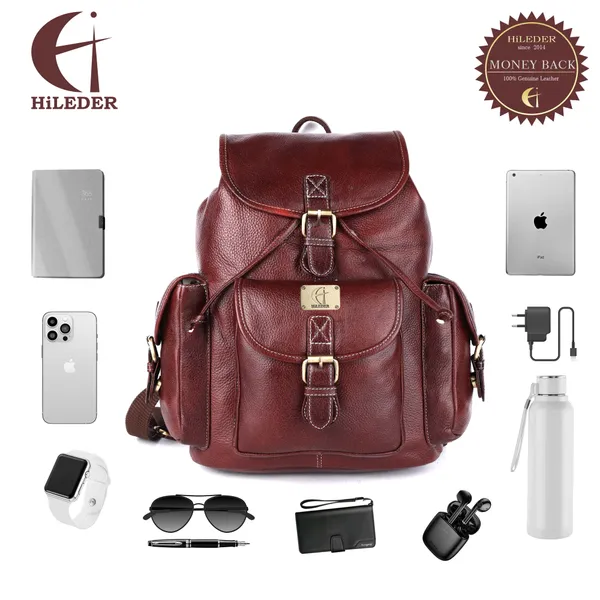 pure_genuine_leather_spacious_14.5_inch_backpack_daypack_rucksack_casual_office_bag_|travel_business_daily_use|_brass_buckles_flip_pockets_|_brown