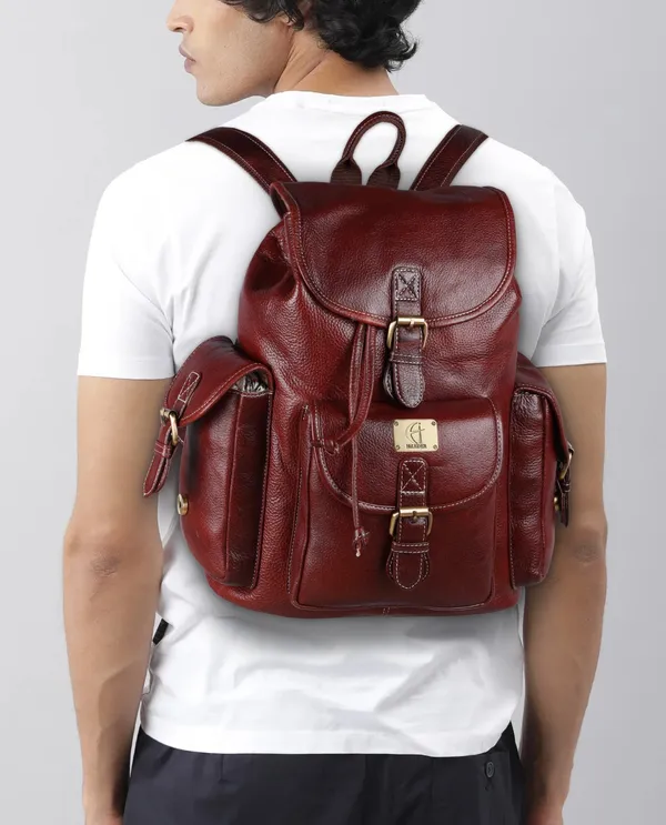 pure_genuine_leather_spacious_14.5_inch_backpack_daypack_rucksack_casual_office_bag_|travel_business_daily_use|_brass_buckles_flip_pockets_|_brown