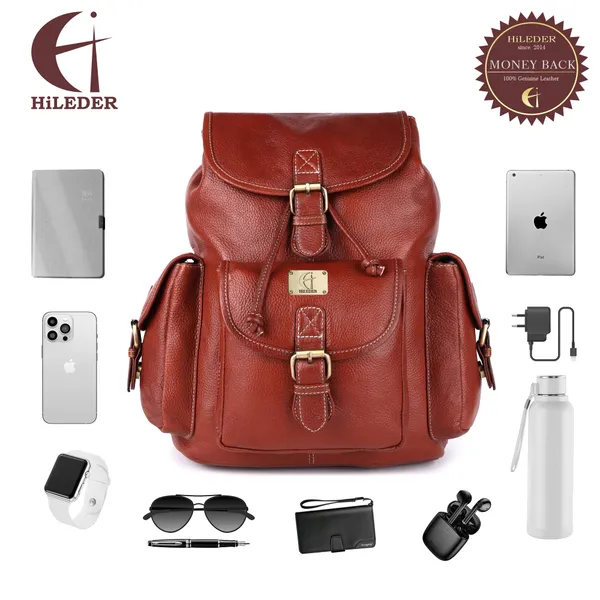 pure_genuine_leather_spacious_14.5_inch_backpack_daypack_rucksack_casual_office_bag_|travel_business_daily_use|_brass_buckles_flip_pockets_|_tan