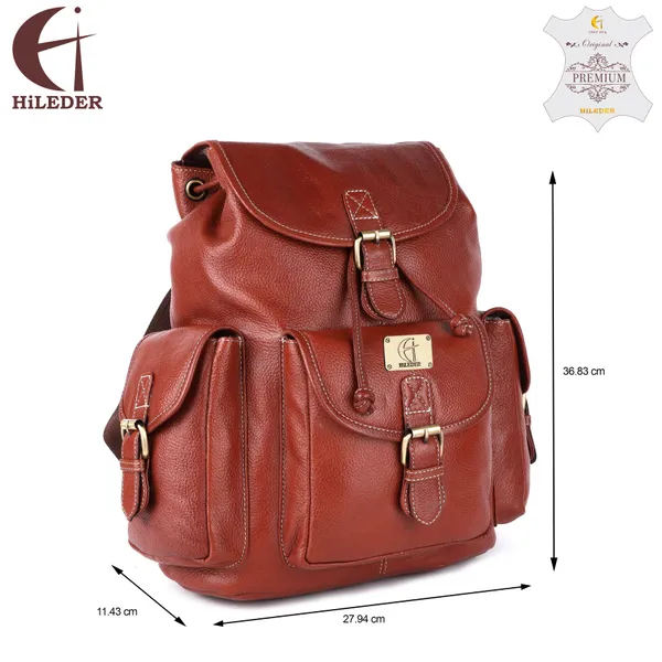 pure_genuine_leather_spacious_14.5_inch_backpack_daypack_rucksack_casual_office_bag_|travel_business_daily_use|_brass_buckles_flip_pockets_|_tan