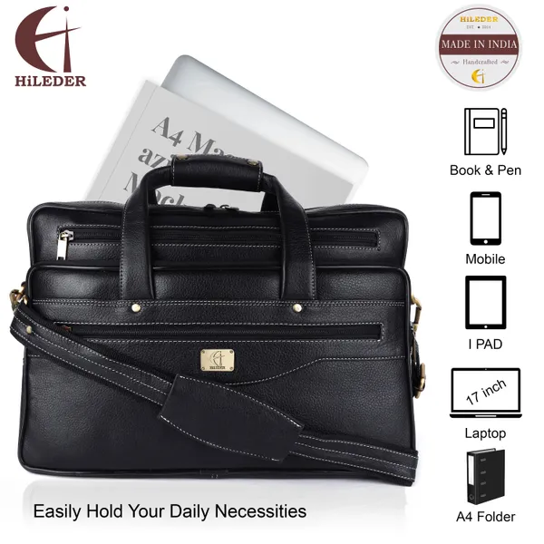 pure_genuine_premium_leather_16_inch_stylish_spacious_briefcase_laptop_messenger_satchel_bag_with_two_front_pockets_for_men_women,_black