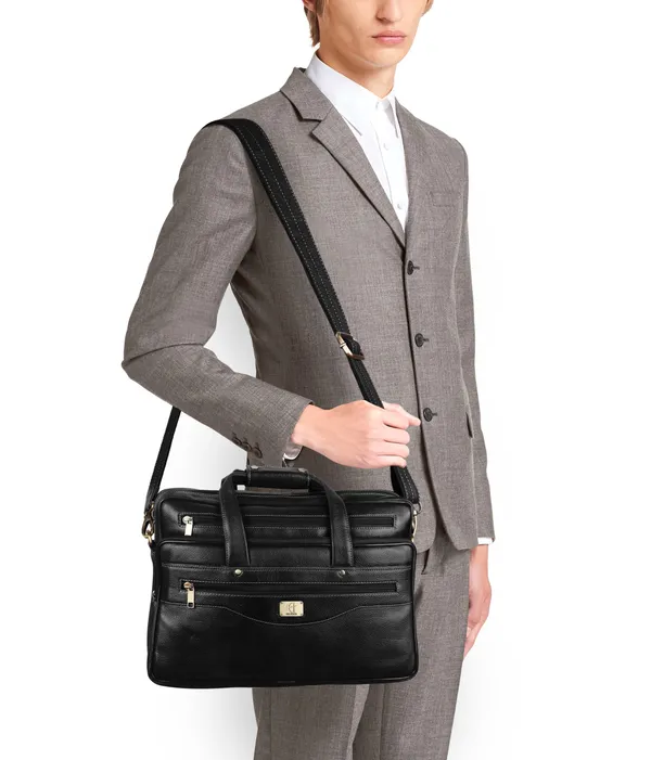 pure_genuine_premium_leather_16_inch_stylish_spacious_briefcase_laptop_messenger_satchel_bag_with_two_front_pockets_for_men_women,_black