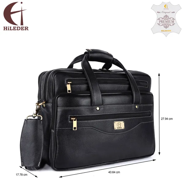 pure_genuine_premium_leather_16_inch_stylish_spacious_briefcase_laptop_messenger_satchel_bag_with_two_front_pockets_for_men_women,_black