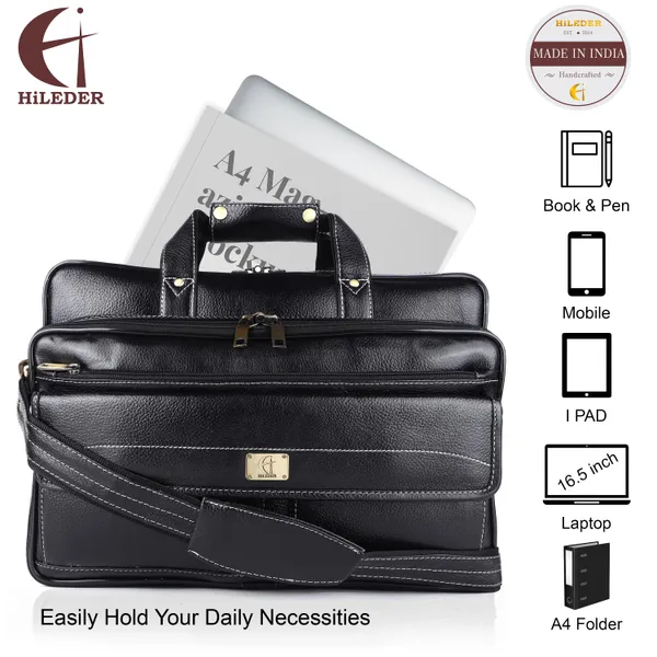 pure_genuine_leather_15.5_inch_stylish_briefcase_laptop_messenger_travelling_daily_use_bag_with_front_flap_pocket,_black