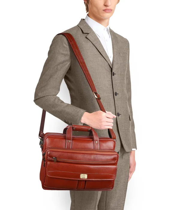 pure_genuine_leather_15.5_inch_stylish_briefcase_laptop_messenger_travelling_daily_use_bag_with_front_flap_pocket,_tan