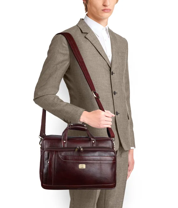 pure_genuine_original_leather_16_inch_stylish_laptop_messenger_travelling_bag_with_3_compartments_and_vertical_zipper_front_pocket,_brown