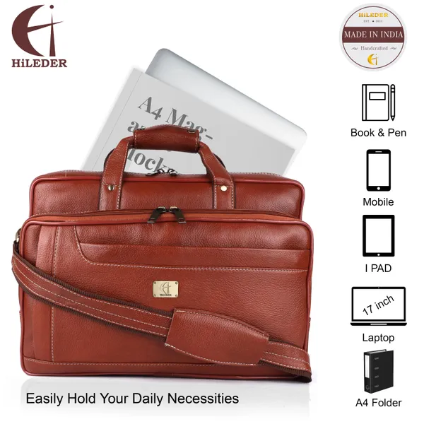 pure_genuine_original_leather_16_inch_stylish_briefcase_satchel_laptop_messenger_travelling_bag_with_3_compartments_and_vertical_zipper_front_pocket,_tan