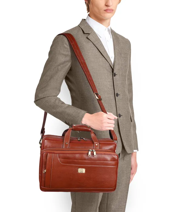 pure_genuine_original_leather_16_inch_stylish_briefcase_satchel_laptop_messenger_travelling_bag_with_3_compartments_and_vertical_zipper_front_pocket,_tan