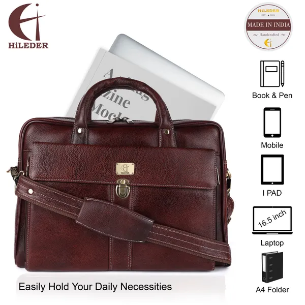 pure_genuine_leather_15.5_inch_stylish_multiple_compartment_briefcase_satchel_laptop_messenger_travelling_office_bag_with_retro_push_lock_closure,_brown