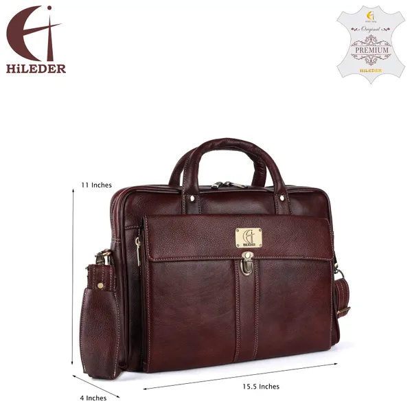 pure_genuine_leather_15.5_inch_stylish_multiple_compartment_briefcase_satchel_laptop_messenger_travelling_office_bag_with_retro_push_lock_closure,_brown