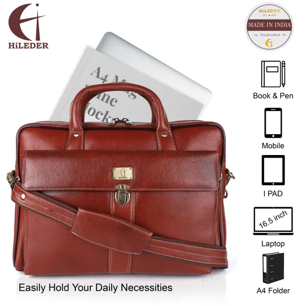 pure_genuine_leather_15.5_inch_stylish_multiple_compartment_briefcase_satchel_laptop_messenger_travelling_office_bag_with_retro_push_lock_closure,_tan