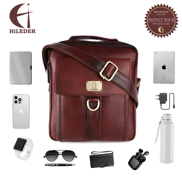 pure_genuine_leather_10_inch_sling_messenger_crossbody_travel_office_daily_use_bag_for_men_women_|_d_loop_front_buckle_|_brown