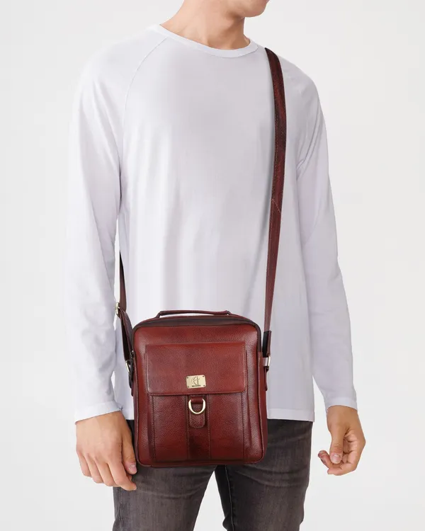 pure_genuine_leather_10_inch_sling_messenger_crossbody_travel_office_daily_use_bag_for_men_women_|_d_loop_front_buckle_|_brown