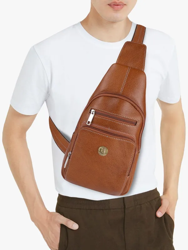 100%_pure_genuine_leather_12_inches_sling_cross_body_outdoor_travel_passport_chest_bag_for_men_and_women,_tan