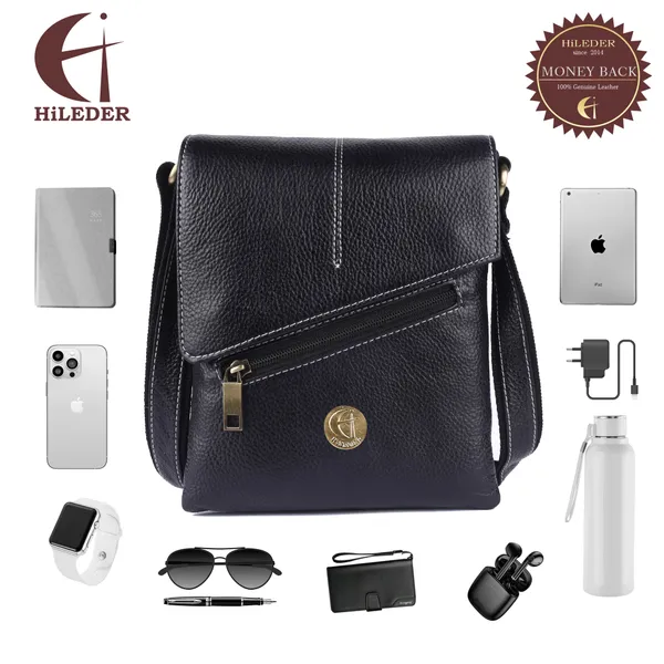 100%_pure_genuine_leather_messenger_shoulder_8_inch_sling_cross_body_travel_office_tablet_bag_for_men_women,_black
