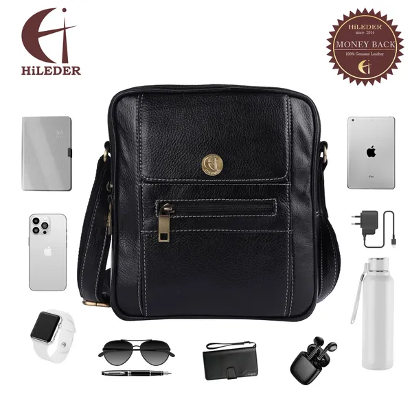 Pure_Black_Leather_Messenger_9"_Sling_Cross_Body_Travel_Bag_Men_&_Women._