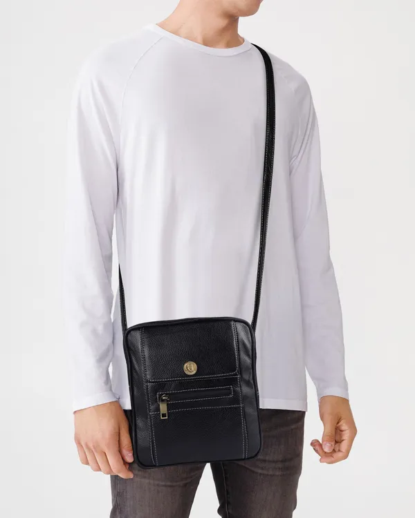 Pure_Black_Leather_Messenger_9"_Sling_Cross_Body_Travel_Bag_Men_&_Women._