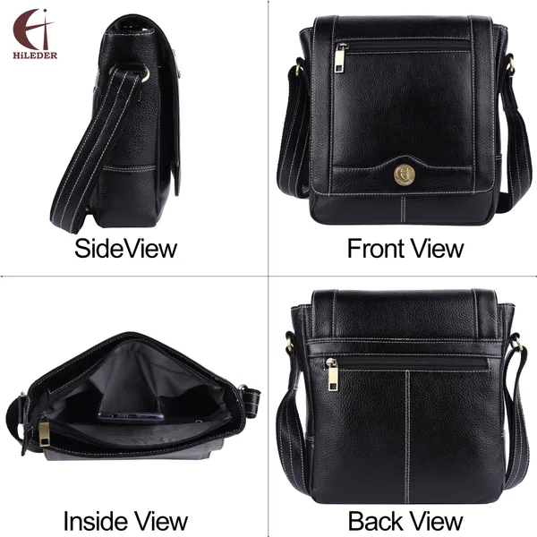100%_pure_leather_messenger_shoulder_10_inch_sling_cross_body_travel_office_tablet_flap_handbag_for_men_women,_black