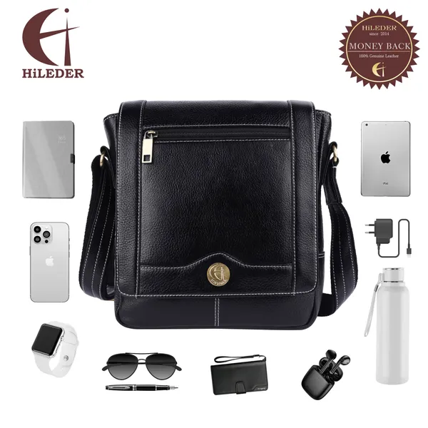 100%_pure_leather_messenger_shoulder_10_inch_sling_cross_body_travel_office_tablet_flap_handbag_for_men_women,_black