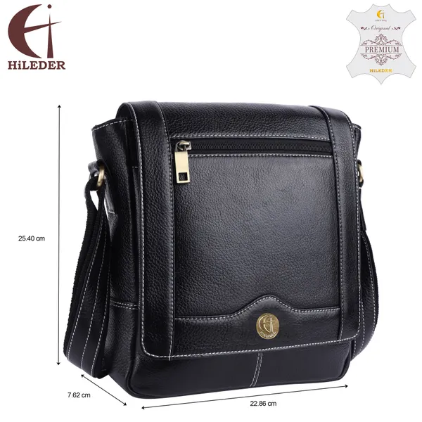 100%_pure_leather_messenger_shoulder_10_inch_sling_cross_body_travel_office_tablet_flap_handbag_for_men_women,_black