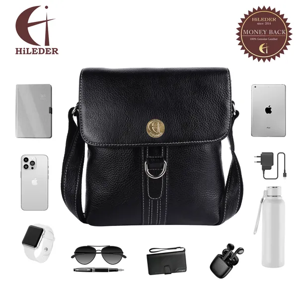 100%_genuine_leather_messenger_shoulder_9_inch_sling_cross_body_travel_office_d-loop_handbag_for_men_women,_black